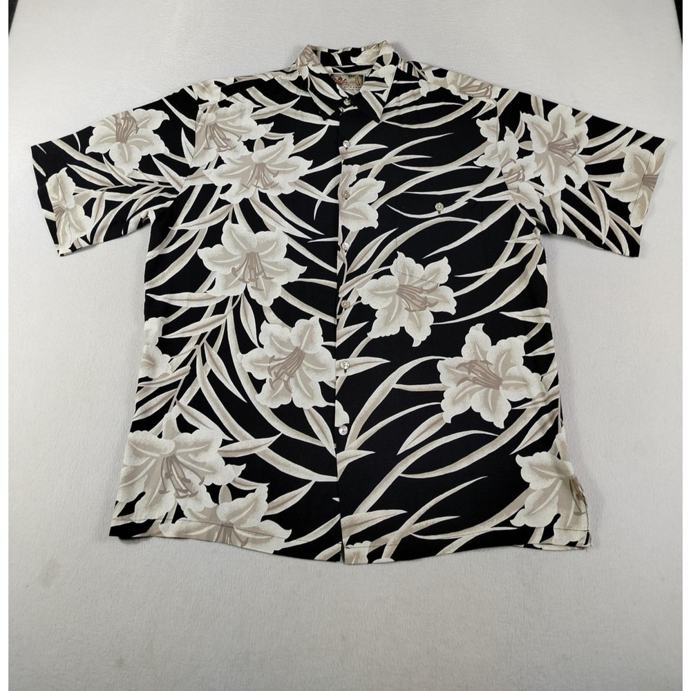 Tori Richard Camp Shirt Mens Large Black Floral‎ Hawaiian Aloha Rayon Made USA